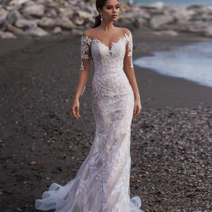 Wholesale Bridal Backless Small Trailing Slim Long Sleeve Wedding Dress