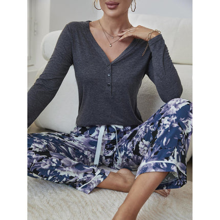 Damen-Homewear-Set mit V-Ausschnitt, Langarm-Pyjama