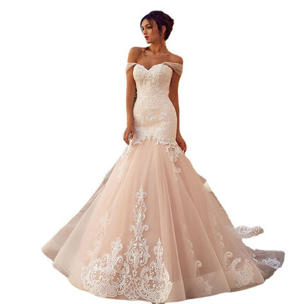 Wholesale Bridal Trailing Tulle Slender Shoulder Hanging Wedding Dress