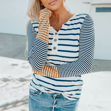 Wholesale Women's Contrasting Button Collar Long Sleeve Striped T-Shirt