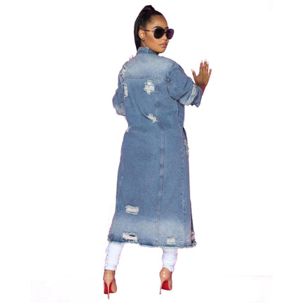 Wholesale Women's Fall Ripped Washed Loose Long Sleeve Denim Coat