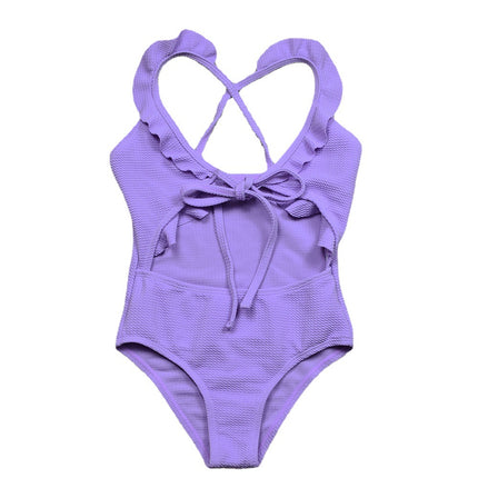 Wholesale Kids Ruffled Bow Open Back Purple One Piece Swimsuit