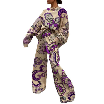 Wholesale Women's Autumn Hoodie Loose Printed Hoodie Pants Two Piece Set
