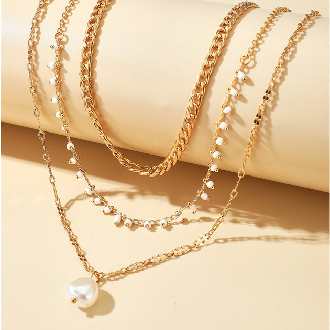 Ladies Personality Fashion Popular Pearl Tassel Stacked 3 Layers Necklace Clavicle Chain
