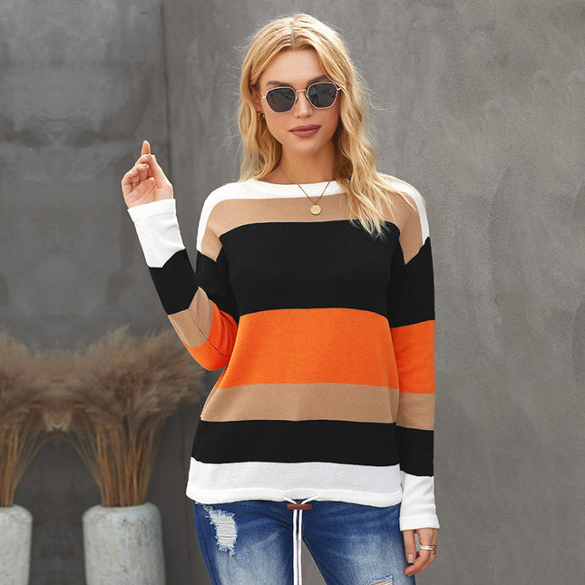 Wholesale Women's Striped Stitching Round Neck Casual Knit Top