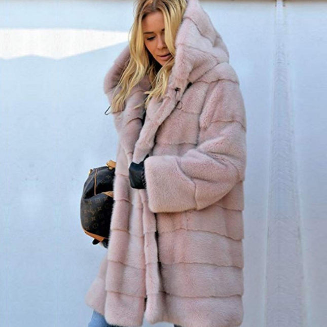 Wholesale Women's Beltless Solid Color Long Sleeve Hooded Faux Fur Coat