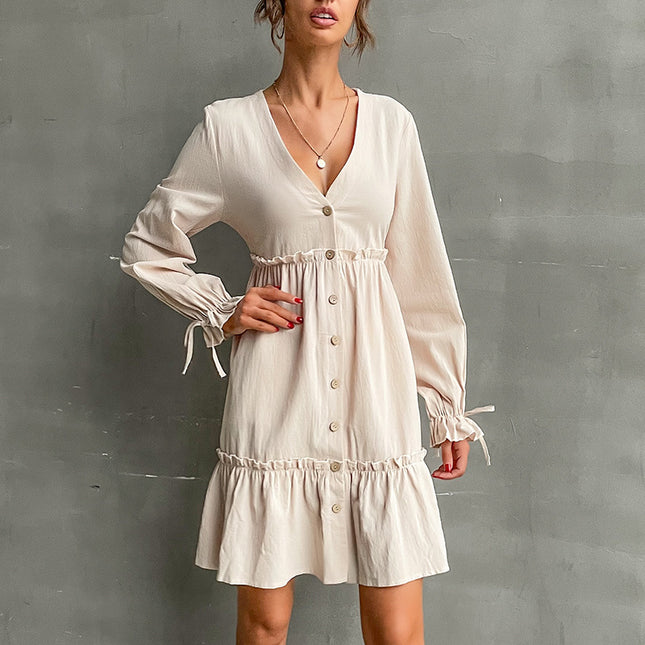 Wholesale Ladies Long-sleeved Cotton Linen Dress With Wooden Ear Trim
