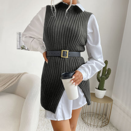 Wholesale Ladies Autumn Winter Slit Vest Sleeveless Stripe Sweater Dress