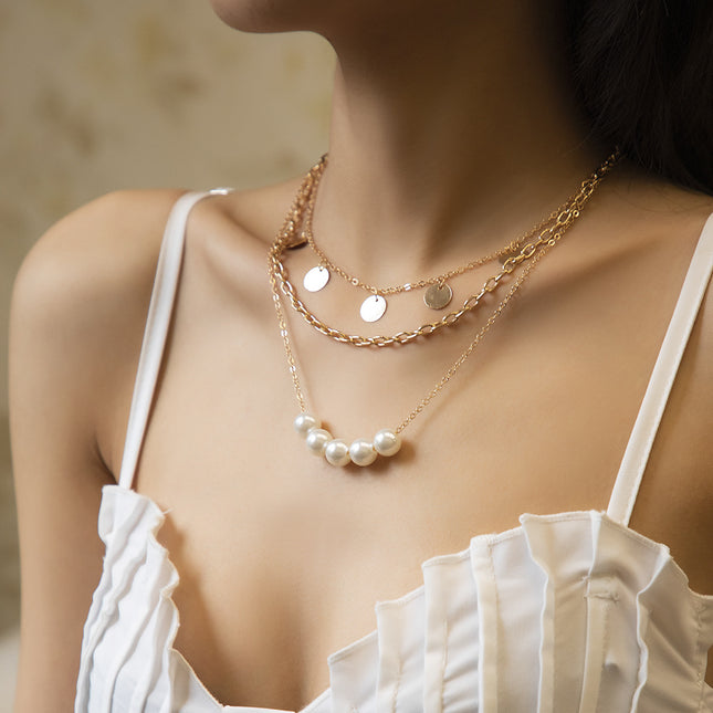 Geometric Women Sequins Clavicle Chain Pearl Necklace