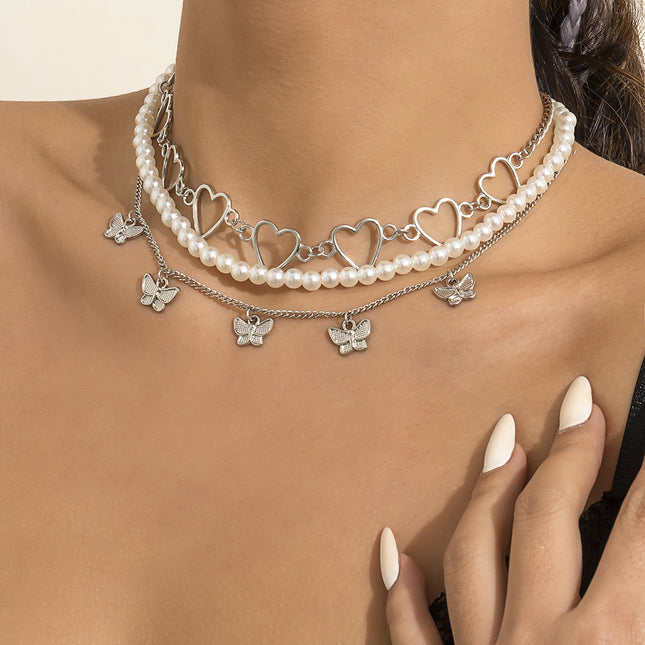 Einfache Schmetterlings-Herz-Schlüsselbein-Halskette Perlenkette