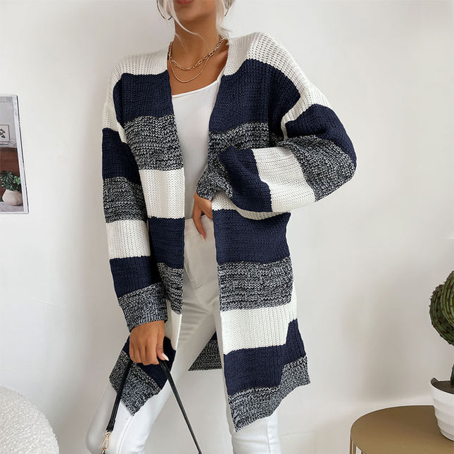 Abrigo de suéter a rayas de cárdigan de punto de otoño invierno para mujer