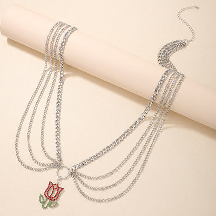 Fashionable Simple Flower Rhinestone Tassel Multilayer Waist Chain