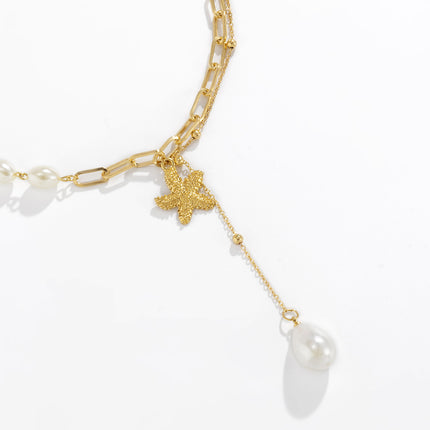 Metal Chain Imitation Pearl Necklace Starfish Clavicle Choker