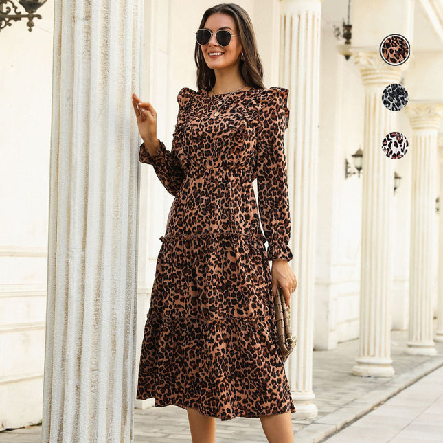 Frauen-Herbst-Wood Ear Trim Leopard Print Midi-Kleid