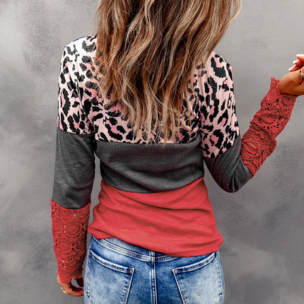 Wholesale Women's Leopard Print Contrasting Lace Casual T-Shirt