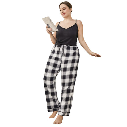 Wholesale Pajamas Plus Size Plaid Lace Trim Suspender Ladies Homewear Set