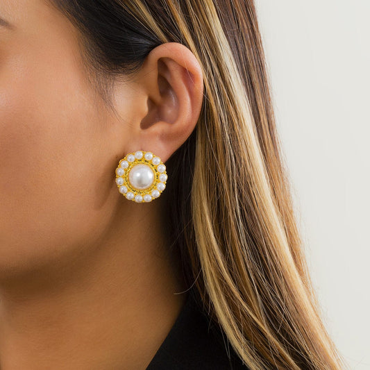 Women's Pearl Stud Earrings Retro Versatile Geometric Metal Earrings