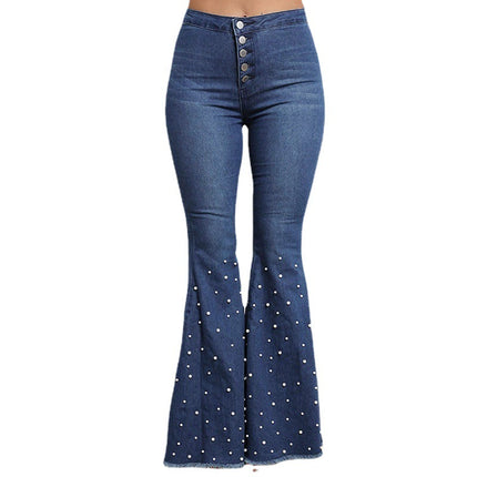 Wholesale Women's High Waist Elastic  Loose Beaded Flared Jeans