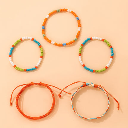 Colorful Beaded Braided Rope Bracelet Set of Five Ethnic Style Rice Bead Braided Bracelet