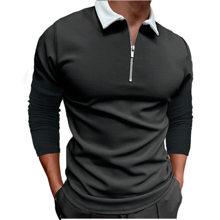Wholesale Men's Casual Long Sleeve Printed Slim Zipper Lapel Polo Shirt