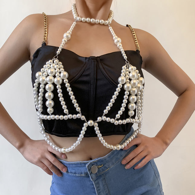Cadena de cintura de doble capa de perlas Cadena de cuerpo de cadena de metal