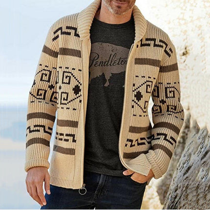 Wholesale Men's Lapel Collar Long Sleeve Jacquard Zipper Cardigan Sweater Jacket