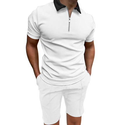 Wholesale Men's Casual Short Sleeve Printed Zipper Lapel Polo Shirt Shorts Two Piece Set