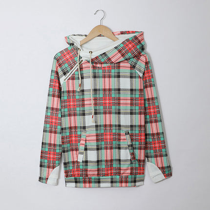 Double Layer Hooded Diagonal Zipper Pullover Colorful Plaid Top