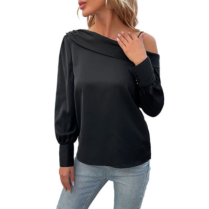 Camisa de manga larga con hombros descubiertos en negro irregular para mujer a la moda