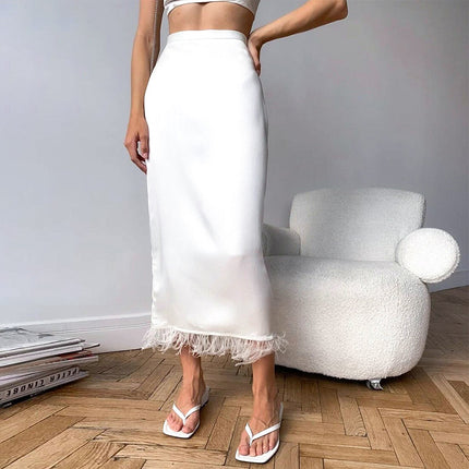 Wholesale Women's Satin Faux Acetate Feather Camisole Skirt Two-Piece Set