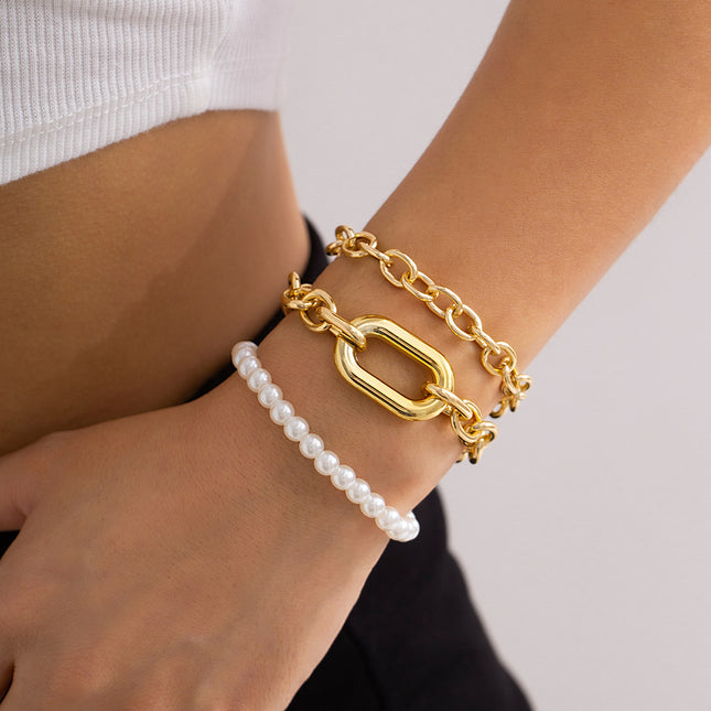 Conjunto de pulsera de cadena de hebilla de metal con cuentas de perla de imitación simple
