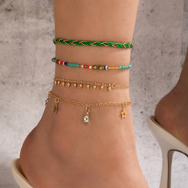 Colorful Beaded Rope Star Bead Four Layer Anklet