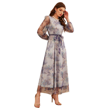 Wholesale Women's Autumn Printed Round Neck Lace Long Dress