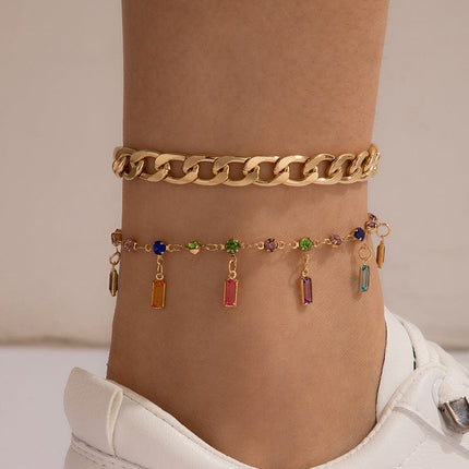 Wholesale Multicolored Rhinestone Tassel Double Layer Anklet