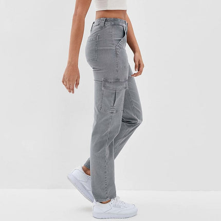 Washed Button Casual Ladies Cotton Jeans