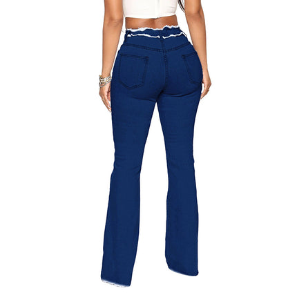 Wholesale Women's High Elasticity Mid Waist Raw Edge Jeans