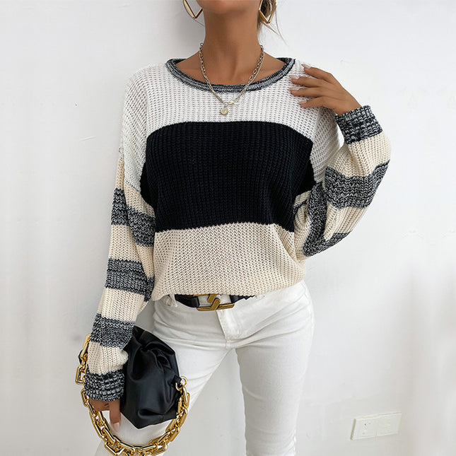 Wholesale Women's Autumn Pullover Round Neck Striped Sweater