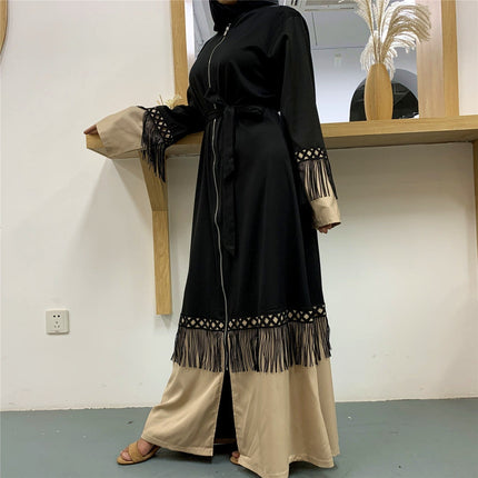 Túnica de cárdigan con cremallera para mujer con costuras de encaje y borlas musulmanas turcas