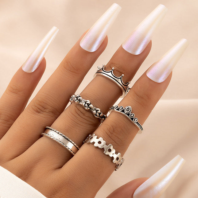 Flower Hollow Out Multi-Piece Crown Five-Piece Ring Set