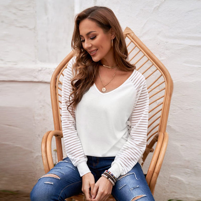 Women's V Neck Striped See-Through Stitching Long Sleeve Sexy Top