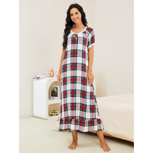 Frühlings- und Herbst-Damen-Plaid-Kurzarm-Einteiler-Homewear-Pyjama-Kleid