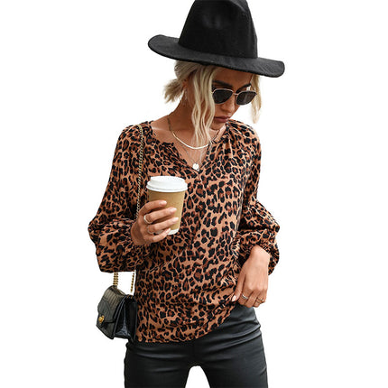 Wholesale Women's Autumn Pullover Leopard Print Chiffon Shirt