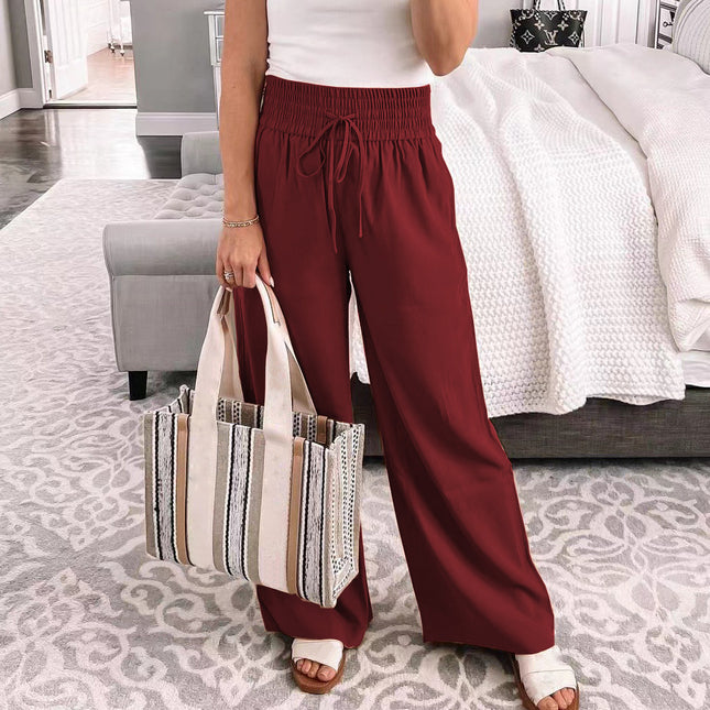 Wholesale Women Loose Home Casual Mid Waist Solid Color Lace-Up Wide Leg Pants