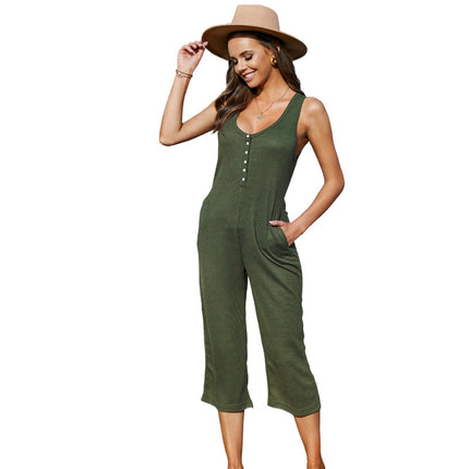 Wholesale Women's Solid Color Button Up Casual Tank Top Jumpsuit