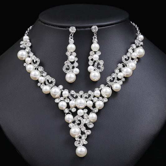 Fashion Pearl Flower Necklace Earrings Set Ornament Alloy Plating