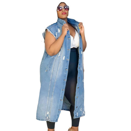 Wholesale Women's Autumn Long Blue Ripped Trench Slim Denim Coat