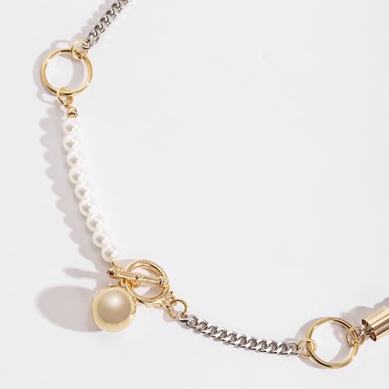 Pearl Chain Stitching Geometric Ring Ball Necklace