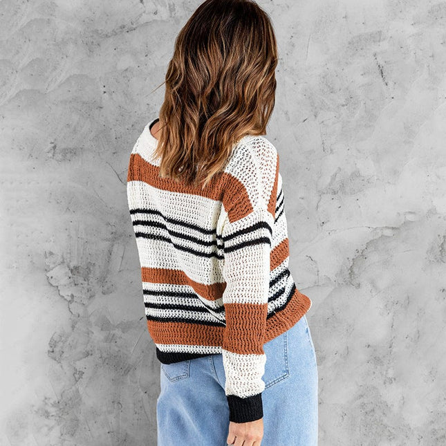 Wholesale  Ladies Striped Color Contrast Long Sleeve Crewneck Sweater