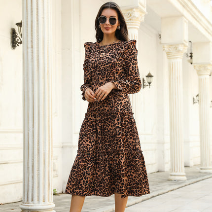 Wholesale Women's Autumn Wood Ear Trim Leopard Print Midi Dress