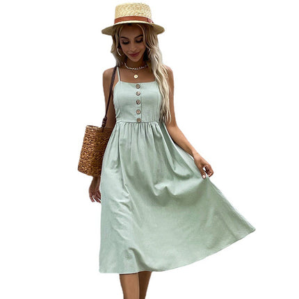 Wholesale Women's Summer Button Cotton Linen Sleeveless Strape Dress